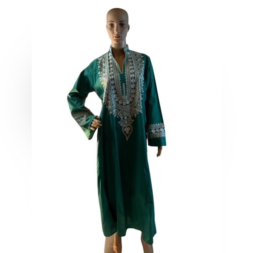 Samir Women’s Size 1 Moroccan Kaftan Green White Embroidered Long Caftan Dress